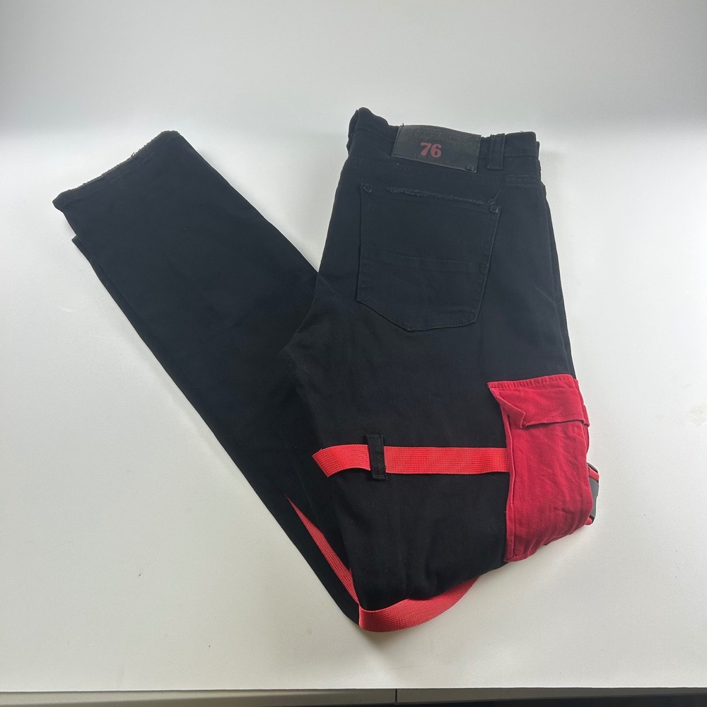 Heritage America Mens 34x33 Y2K VTG Black Red Tactical Cargo Pants Straps Zipper